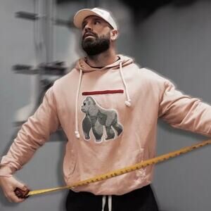 Raw Gear Mens Sweatshirt Hoodie Salmon Pink Cotton Gorilla Drawstring Size L